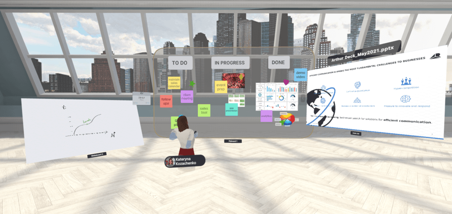 A person using pinboards, whiteboards and presentations in VR
