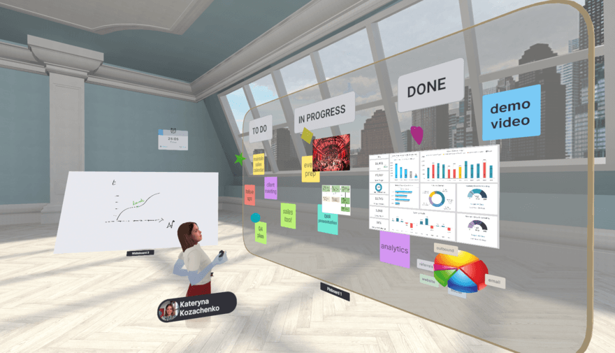 A female avatar working with productivity tools in one of the Arthur metaverse offices